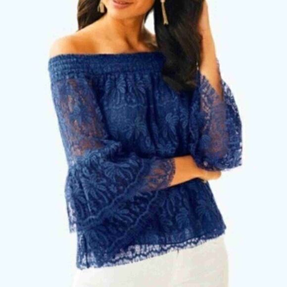Lilly Pulitzer Tobyn Top Cobalt Blue Lace OTS Blouse Tiered Sleeves Size S - Picture 1 of 10
